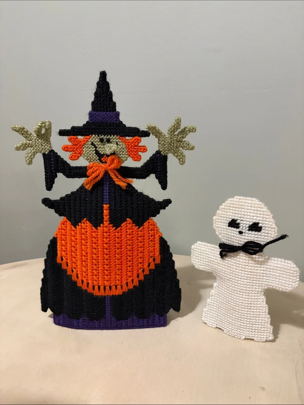Vintage Handcrafted Needlecraft Halloween Witch And Ghost Yarn And Canvas